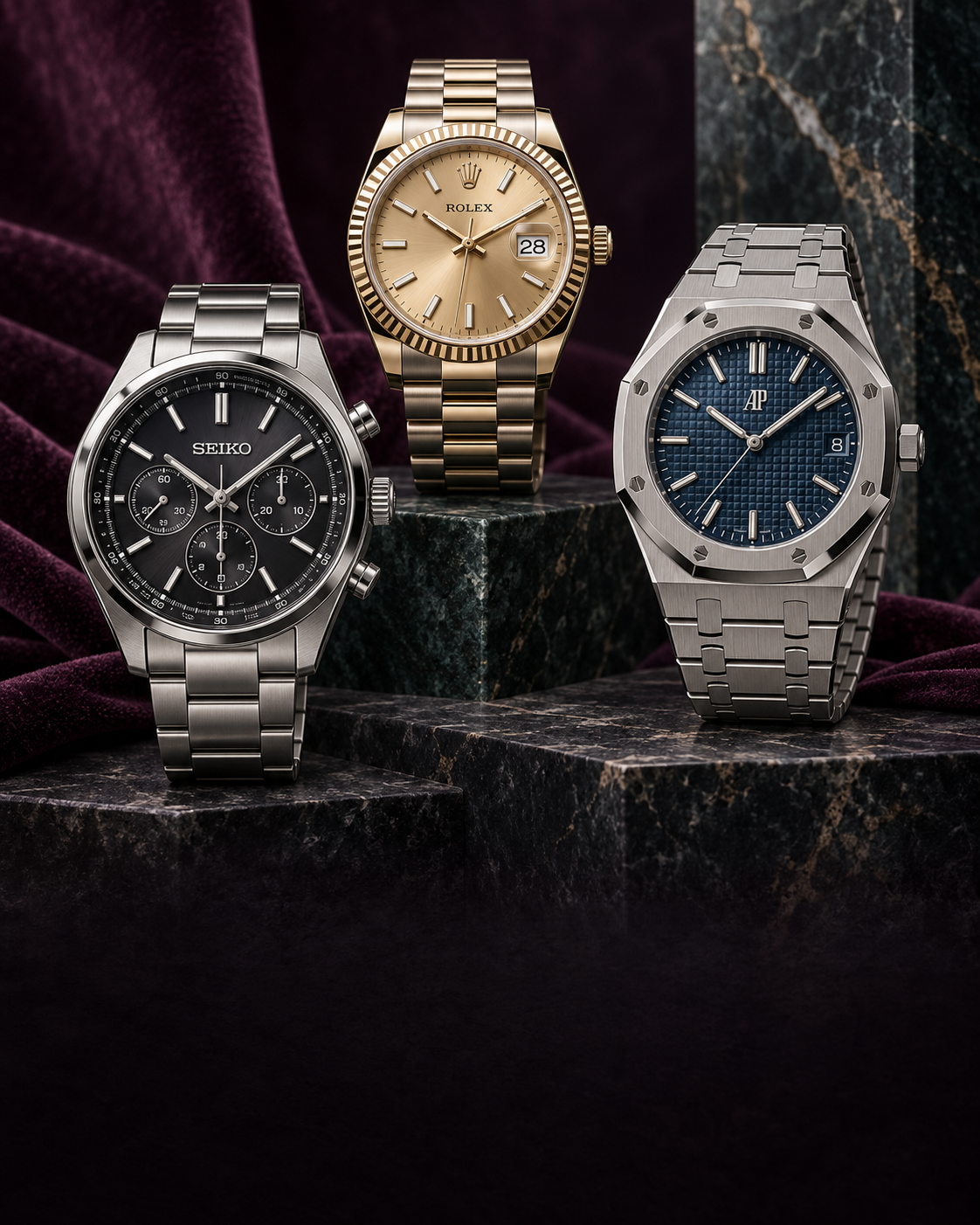 Sélection de montres Seiko, Rolex et Audemars Piguet